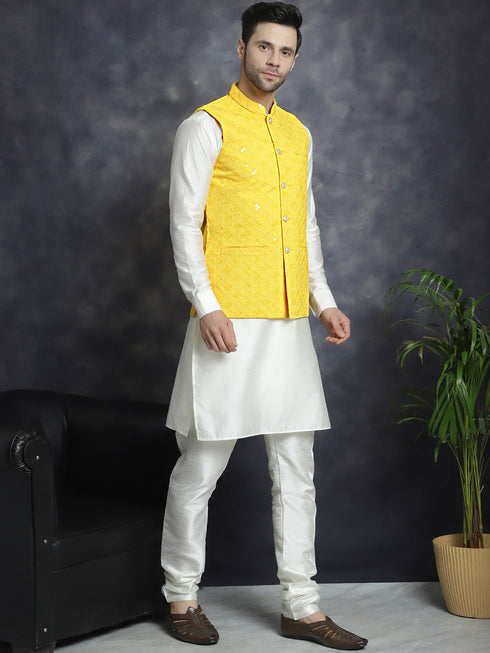 Men's Sequins and Embroidred Nehru Jacket With Solid Kurta Pyjama